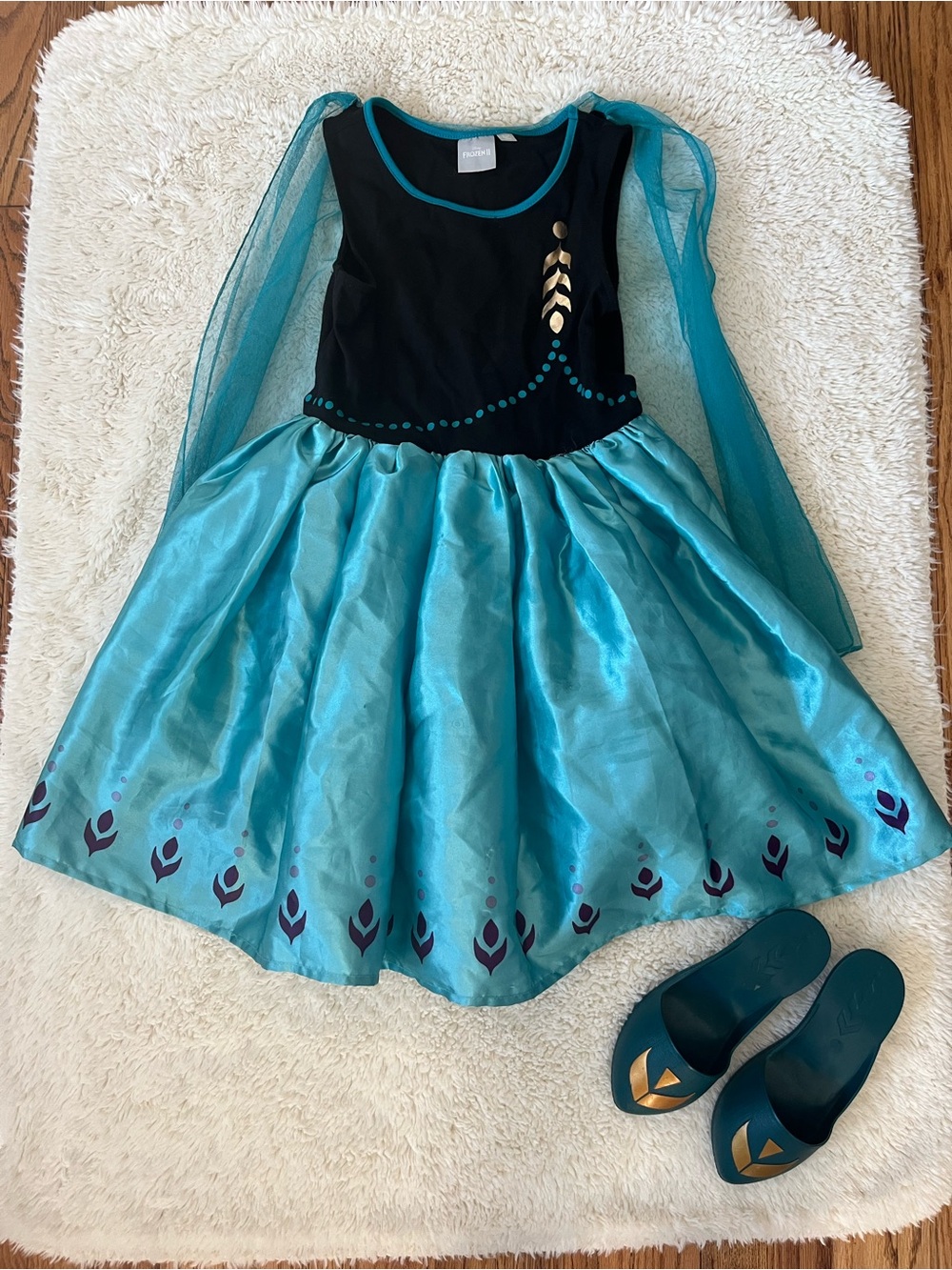 Disney Frozen Anna Dress Girls Teal and Black Costume Dress Sz 10/12 with Shoes